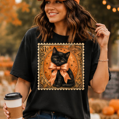 Retro Halloween Stamp Black Cat with Orange Bow DTF Transfer DTF Heat Press Transfer from Sweet Tee Transfers