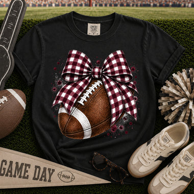 Maroon and White Gingham Bow Football DTF Transfer DTF Heat Press Transfer from Sweet Tee Transfers