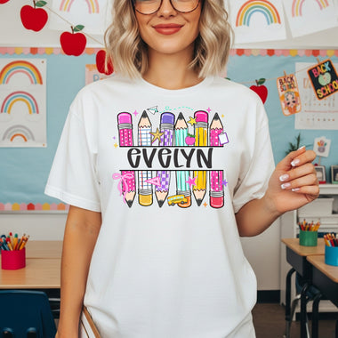 Pink Pencils Split Name Personalized School DTF Transfer DTF Heat Press Transfer from Sweet Tee Transfers