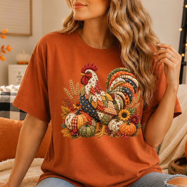 Patchwork Autumn Pumpkin Rooster DTF Transfer DTF Heat Press Transfer from Sweet Tee Transfers