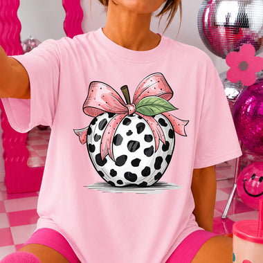 Cow Print Apple with Pink Bow DTF Transfer DTF Heat Press Transfer from Sweet Tee Transfers