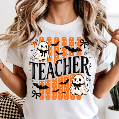 Teacher with Ghost and Bats DTF Transfer DTF Heat Press Transfer from Sweet Tee Transfers