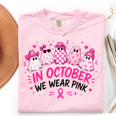 In October We Wear Pink Ghosts Breast Cancer DTF Transfer DTF Heat Press Transfer from Sweet Tee Transfers