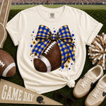 Blue and Gold Gingham Bow Football DTF Transfer DTF Heat Press Transfer from Sweet Tee Transfers