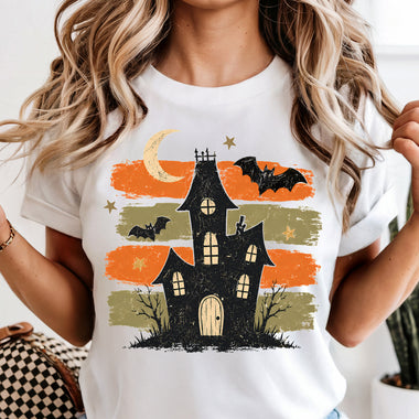 Retro Brushstroke Haunted House DTF Transfer DTF Heat Press Transfer from Sweet Tee Transfers