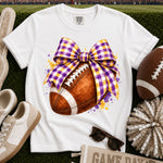 Purple and Yellow Gingham Bow Football DTF Transfer DTF Heat Press Transfer from Sweet Tee Transfers