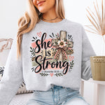 She Is Strong Proverbs 31:25 Floral Cross DTF Transfer DTF Heat Press Transfer from Sweet Tee Transfers