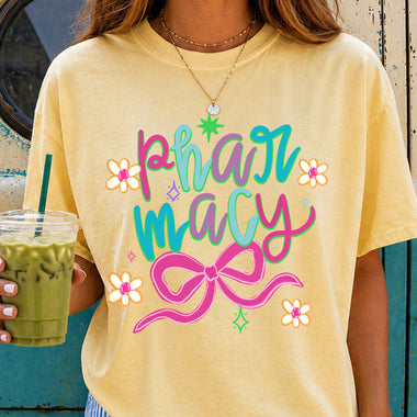Pharmacy with Pink Bow DTF Transfer DTF Heat Press Transfer from Sweet Tee Transfers