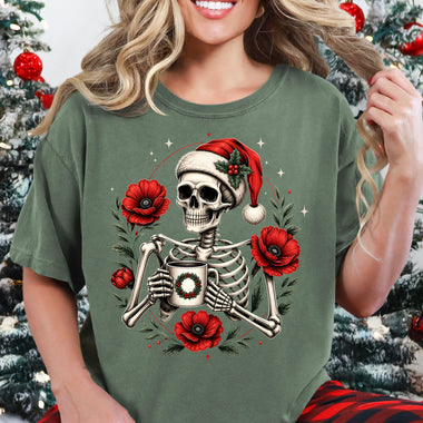 Christmas Skeleton with Coffee DTF Transfer DTF Heat Press Transfer from Sweet Tee Transfers