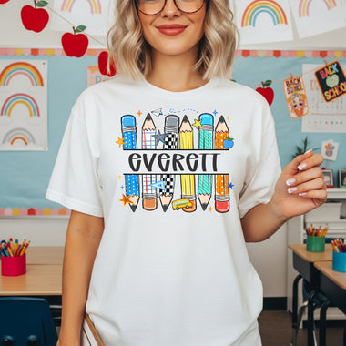 Custom Blue Pencils Back to School Split Name DTF Transfer DTF Heat Press Transfer from Sweet Tee Transfers
