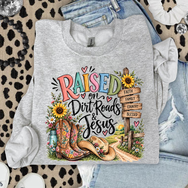Raised on Dirt Roads and Jesus DTF Transfer DTF Heat Press Transfer from Sweet Tee Transfers