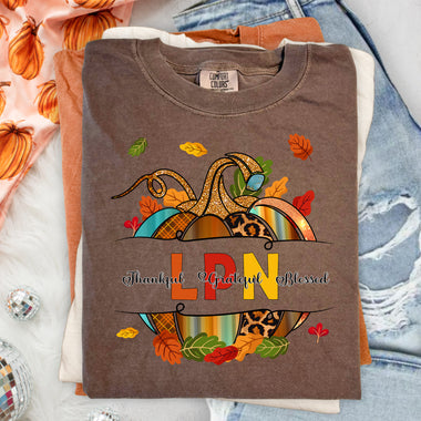 LPN Fall Pumpkin Thankful Grateful Blessed DTF Transfer DTF Heat Press Transfer from Sweet Tee Transfers