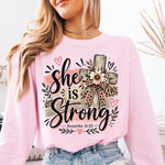 She Is Strong Proverbs 31:25 Floral Cross DTF Transfer DTF Heat Press Transfer from Sweet Tee Transfers