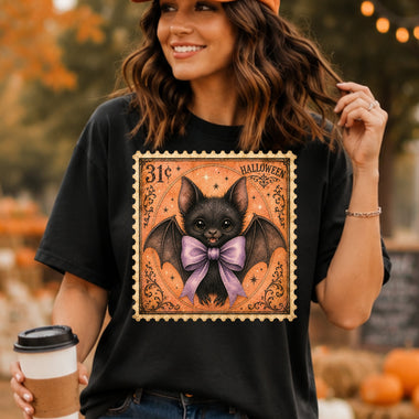 Retro Halloween Stamp Bat with Purple Bow DTF Transfer DTF Heat Press Transfer from Sweet Tee Transfers