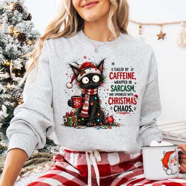 Fueled by Caffeine Black Cat Christmas DTF Transfer DTF Heat Press Transfer from Sweet Tee Transfers