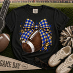 Blue and Gold Gingham Bow Football DTF Transfer DTF Heat Press Transfer from Sweet Tee Transfers