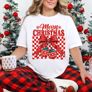 Merry Christmas Checkered Bow Ornament DTF Transfer DTF Heat Press Transfer from Sweet Tee Transfers