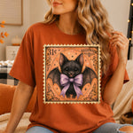 Retro Halloween Stamp Bat with Purple Bow DTF Transfer DTF Heat Press Transfer from Sweet Tee Transfers