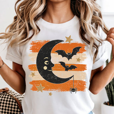 Retro Brushstroke Moon and Bats DTF Transfer DTF Heat Press Transfer from Sweet Tee Transfers
