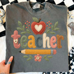 Faux Stitch Teacher with Apple Heart DTF Transfer DTF Heat Press Transfer from Sweet Tee Transfers