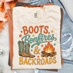 Boots, Bonfires, and Backroads DTF Transfer DTF Heat Press Transfer from Sweet Tee Transfers