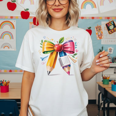 Color Pencil Bow with Apple DTF Transfer DTF Heat Press Transfer from Sweet Tee Transfers
