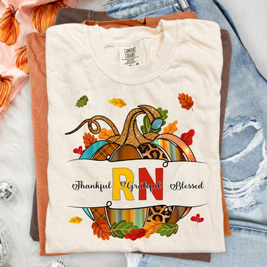 RN Fall Pumpkin Thankful Grateful Blessed DTF Transfer DTF Heat Press Transfer from Sweet Tee Transfers