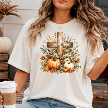 Cross with Fall Pumpkins DTF Transfer DTF Heat Press Transfer from Sweet Tee Transfers