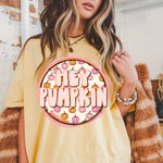 Hey Pumpkin Fall Circle Girl Pink Orange DTF Transfer DTF Heat Press Transfer from Sweet Tee Transfers
