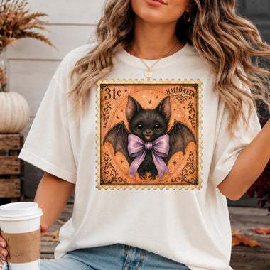 Retro Halloween Stamp Bat with Purple Bow DTF Transfer DTF Heat Press Transfer from Sweet Tee Transfers