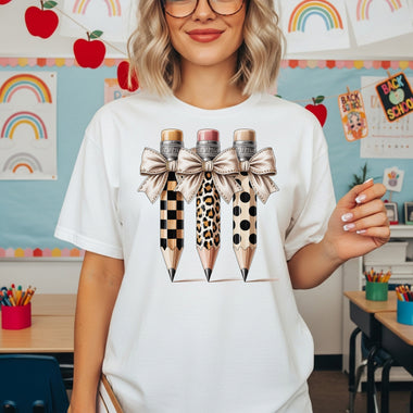 Back to School Pencils with Natural Bow DTF Transfer DTF Heat Press Transfer from Sweet Tee Transfers