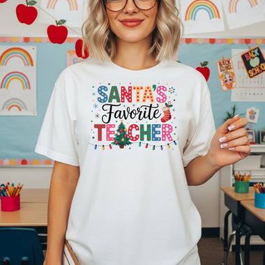 Santa's Favorite Teacher in Christmas Lights DTF Transfer DTF Heat Press Transfer from Sweet Tee Transfers