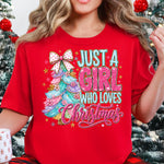 Just a Girl Who Loves Christmas Teal Pink DTF Transfer DTF Heat Press Transfer from Sweet Tee Transfers