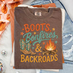 Boots, Bonfires, and Backroads DTF Transfer DTF Heat Press Transfer from Sweet Tee Transfers