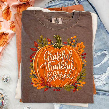 Grateful Thankful Blessed Pumpkin DTF Transfer DTF Heat Press Transfer from Sweet Tee Transfers