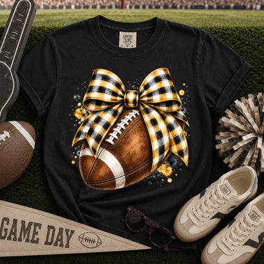 Yellow and Black Gingham Bow Football DTF Transfer DTF Heat Press Transfer from Sweet Tee Transfers