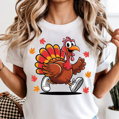 Running Turkey with Sneakers and Fall Leaves DTF Transfer DTF Heat Press Transfer from Sweet Tee Transfers