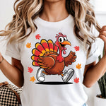 Running Turkey with Sneakers and Fall Leaves DTF Transfer DTF Heat Press Transfer from Sweet Tee Transfers