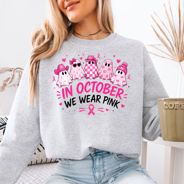 In October We Wear Pink Ghosts Breast Cancer DTF Transfer DTF Heat Press Transfer from Sweet Tee Transfers