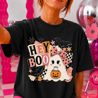 Hey Boo Pink Bow Ghost DTF Transfer DTF Heat Press Transfer from Sweet Tee Transfers