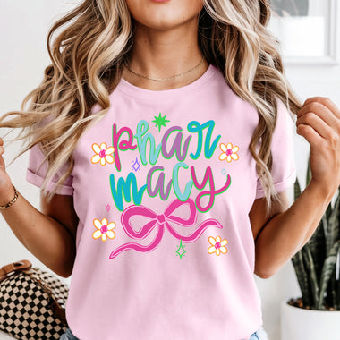 Pharmacy with Pink Bow DTF Transfer DTF Heat Press Transfer from Sweet Tee Transfers