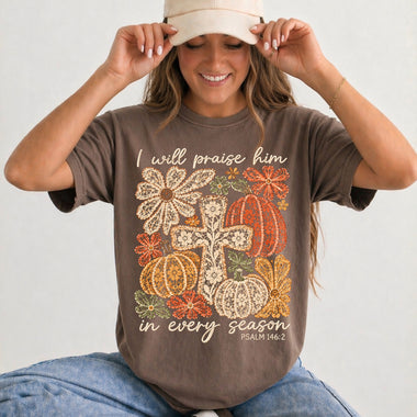 I Will Praise Him in Every Season Boho Lace Cross DTF Transfer DTF Heat Press Transfer from Sweet Tee Transfers