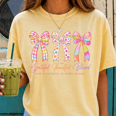 Grateful Thankful Blessed Bows DTF Transfer DTF Heat Press Transfer from Sweet Tee Transfers