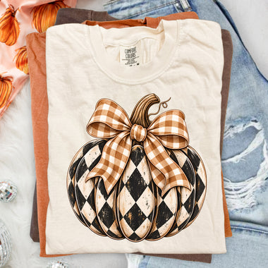 Checkered Pumpkin with Buffalo Plaid Bow DTF Transfer DTF Heat Press Transfer from Sweet Tee Transfers