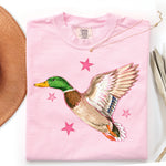 Flying Mallard Duck with Pink Stars DTF Transfer DTF Heat Press Transfer from Sweet Tee Transfers