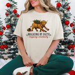 Walking by Faith Tripping Constantly Christmas Highland Cow DTF Transfer DTF Heat Press Transfer from Sweet Tee Transfers