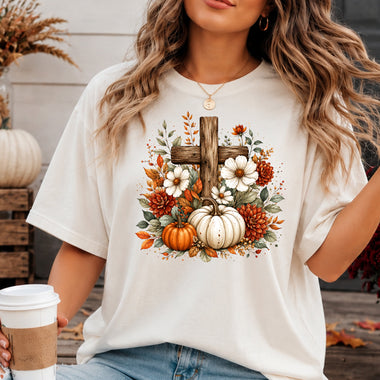 Cross with Pumpkins and Flowers DTF Transfer DTF Heat Press Transfer from Sweet Tee Transfers