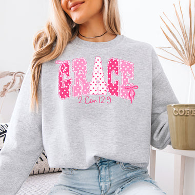 Grace Pink Bows 2 Cor 12:9 DTF Transfer DTF Heat Press Transfer from Sweet Tee Transfers