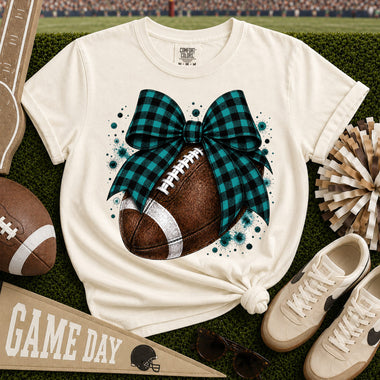 Teal and Black Gingham Bow Football DTF Transfer DTF Heat Press Transfer from Sweet Tee Transfers