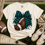 Teal and Black Gingham Bow Football DTF Transfer DTF Heat Press Transfer from Sweet Tee Transfers